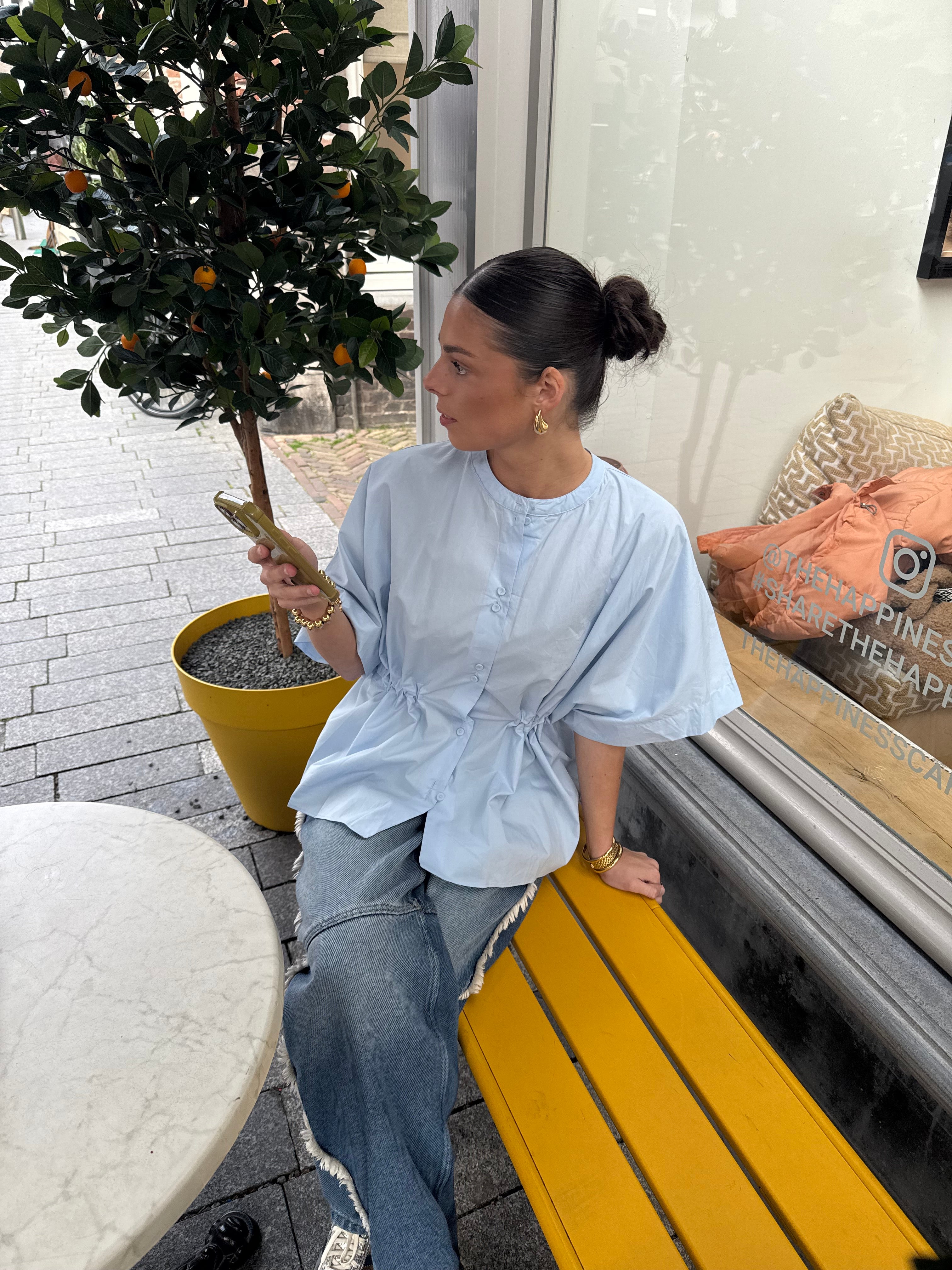 Blouse met knoopjes en strik detail | Getailleerde blouse met strik | Lichtblauwe blouse